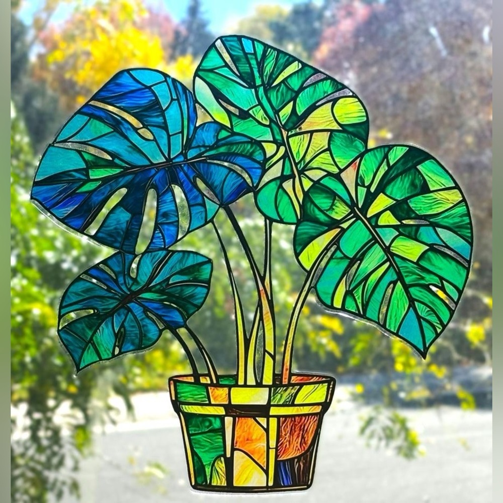 11 1/2" Vibrant Tropical Monstera Houseplant Window Sun Hanging Sun Catcher New